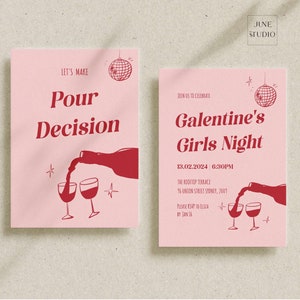 Galentines Day Invitation Template Digital Download Pour Decision Customizable Galentines Party Invite Retro Wine Hand drawn Girls Night