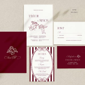 Modèle de suite d'invitations de mariage Old Money Amore Club Angelots illustrés Ensemble d'invitations de mariage d'hiver rouge rétro moderne QR code Carte RSVP JS03