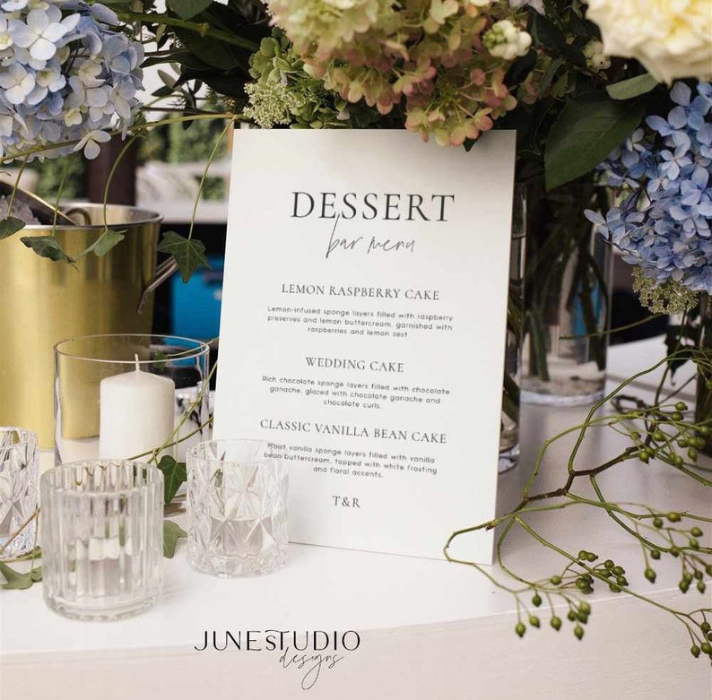 wedding dessert bar menu digital template, editable, modern minimalist, dessert table sign, buffet wedding dessert sign, printable, modern script, minimal wedding, simple wedding table top sign, reception signage,
