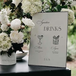 Menù per bar per matrimoni, modello di cartello per cocktail esclusivo, disegnato a mano, per il suo drink, per il suo drink, per l'open bar di fidanzamento, Old Money, stampabile, modificabile