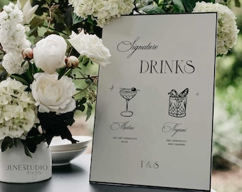 Wedding Bar Menu Signature Cocktail Signage Template Hand drawn His Drink Her Drink Engagement Open Bar Sign Old Money Printable Editable