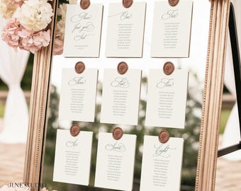Klassische Tischplanvorlage für Hochzeiten, elegante Sitzplankarte in Schreibschrift, Sitzplan im Vintage-Grün (digital, bearbeitbar) CLARA