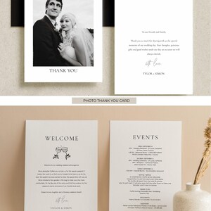 May include: A collection of wedding stationery, including a photo thank you card with a black and white image of a couple, a thank you note, a welcome card, and an events schedule. The cards are white with black text.