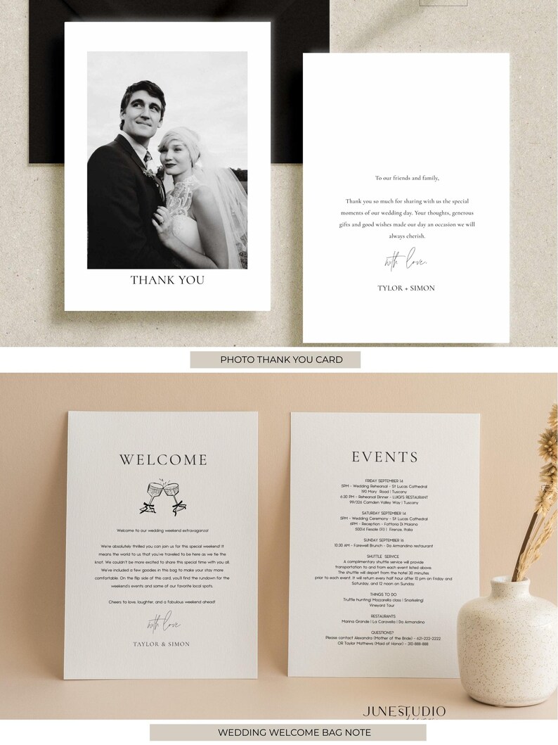 May include: A collection of wedding stationery, including a photo thank you card with a black and white image of a couple, a thank you note, a welcome card, and an events schedule. The cards are white with black text.