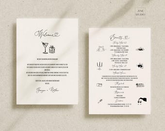 結婚式のウェルカムレターテンプレート：手描きの結婚式の旅程と当日の予定表、風変わりなイラスト（デジタルダウンロード）