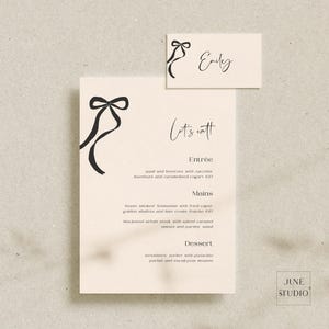 Menukaart met plaatskaartje en strik Grillige zwarte strik Verjaardagsmenu Babyshower Bruidsdouche Dinermenu + naamkaartje Afdrukbaar bewerkbaar