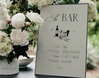 Insegna per il menu del bar per matrimoni in stile "Old Money": insegna retrò per bevande, open bar, schizzo unico, ispirazione vintage (modello digitale, modificabile) Eleanor