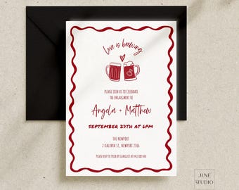 Könnte beinhalten: Weiße Hochzeitseinladung mit rotem Rand und Text. Der Text lautet "Love is brewing" mit zwei Bierkrügen und Herzen. Die Einladung ist für die Verlobung von Angela und Matthew am 27. September um 18:00 Uhr im The Newport, 2 Kalinya St., Newport 2106. Bitte bis zum 16. August Bescheid geben.