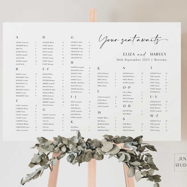 Modern Alphabetical Seating Chart Wedding Seating Plan Board Printable Template Wedding Seating Chart Sign Your Seat Awaits Sign- Eliza