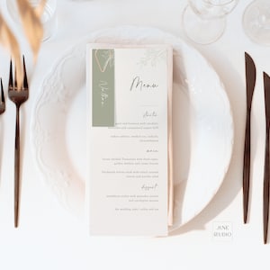 Hochzeitsmenü + Salbeigrüner Tischkartenset-Vorlage Greenery-Menü mit Dankesnotiz bearbeitbares botanisches Hochzeitsmenü + Namenskarte Eukalyptus