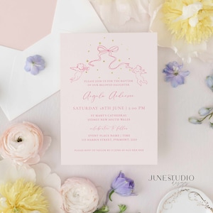 Hand drawn Baptism Invitation Template Whimsical Pink Girl Christening Electronic Phone Message Invite Editable Cherub Bow Elegant Gold