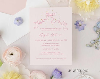 Hand drawn Baptism Invitation Template Whimsical Pink Girl Christening Electronic Phone Message Invite Editable Cherub Bow Elegant Gold