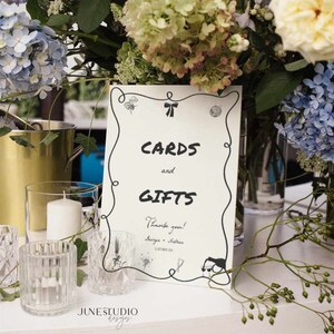 Modelo de placa de presente e cartão desenhado à mão para casamento, laço ilustrado, placa de presente e cartão, rabiscos divertidos, modelo de placa de mesa para presente de casamento, rabisco