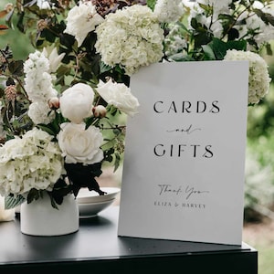 Cartões de casamento modernos e modelo de sinal de presente editável mínimo presente e cartão sinal de mesa de presente de casamento modelo de sinal de casamento DIY Eliza