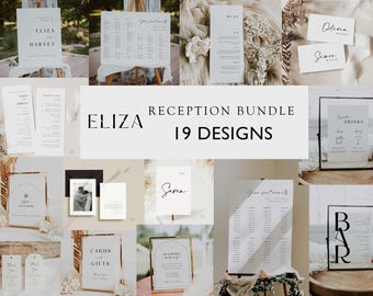 May include: A collection of 19 printable wedding reception signs in a minimalist style with black text on a white background. The signs include a welcome sign, a seating chart, a bar sign, a drinks menu, a cards and gifts sign, and more.