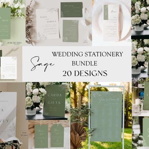 Rustic Eucalyptus Wedding Bundle Template Sage Green Wedding Invitation Bundle Botanical QR Code Emerald Green Wedding Stationery Bundle