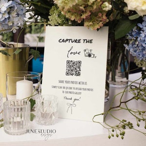 Hand gezeichnete Hochzeitsfoto teilen Zeichen Vorlage Bogen Erfassen Sie die Liebe QR-Code Digital Download Bearbeitbar Modernes Vintage Decor DIY Gästebuch