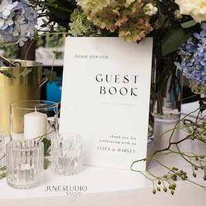 Moderne gastenboek teken sjabloon, bewerkbare minimale teken onze gastenboek bewegwijzering, engagement gastenboek tafel teken bruiloft decor - Eliza