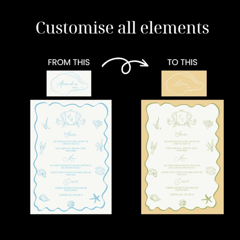 Wedding Menu Place Card Set Template Artsy Hand Drawn Ocean Themed ...