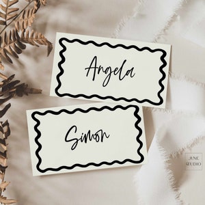Wavy Wedding Place Card Template Printable Trendy Scallop Border Name Card Escort Card Modern Script Editable Funky Squiggle Table Seating