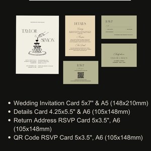 Puede incluir: Un conjunto de cuatro tarjetas de invitaci&oacute;n de boda con ilustraciones y texto en blanco y negro. Las tarjetas son de diferentes tama&ntilde;os e incluyen una invitaci&oacute;n de boda, una tarjeta de detalles, una tarjeta RSVP con una direcci&oacute;n de devoluci&oacute;n y una tarjeta RSVP con un c&oacute;digo QR. Las tarjetas est&aacute;n impresas en cartulina blanca con un fondo verde claro.