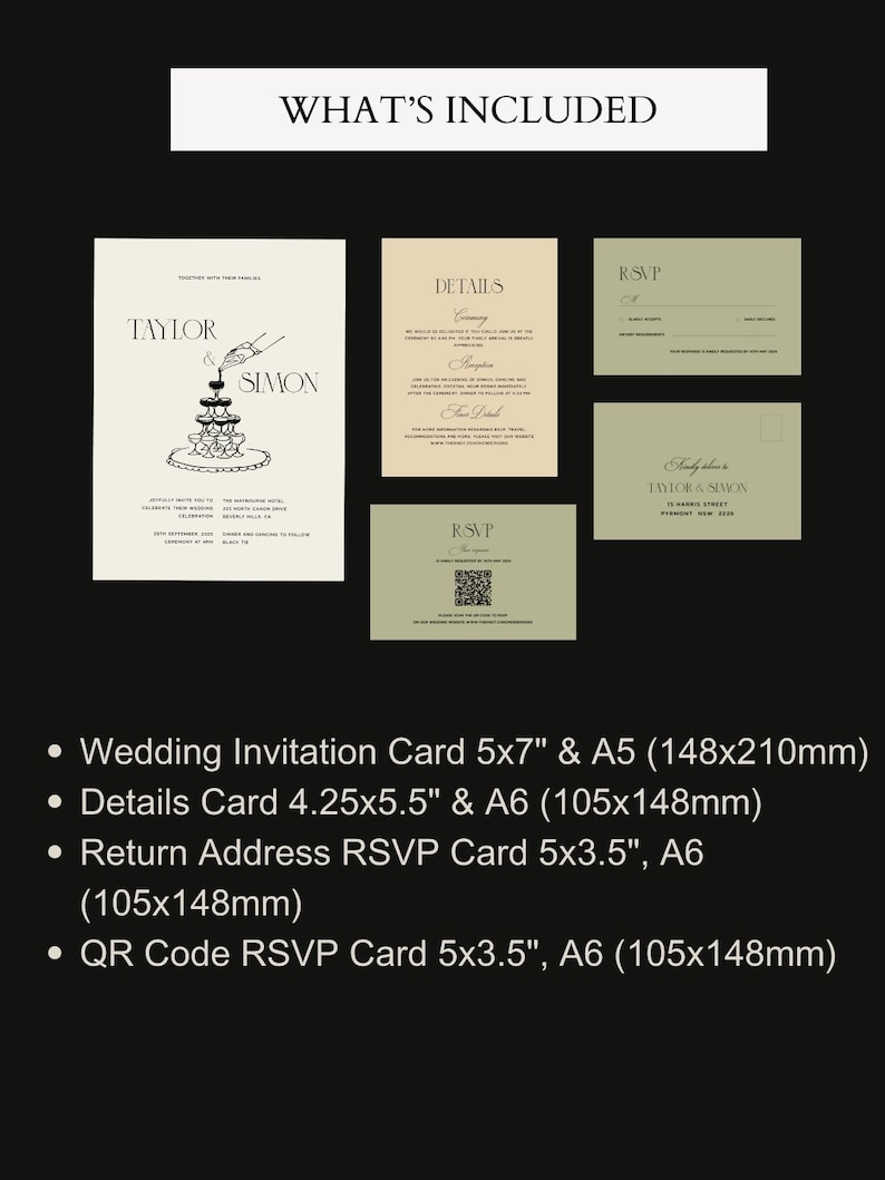 Puede incluir: Un conjunto de cuatro tarjetas de invitaci&oacute;n de boda con ilustraciones y texto en blanco y negro. Las tarjetas son de diferentes tama&ntilde;os e incluyen una invitaci&oacute;n de boda, una tarjeta de detalles, una tarjeta RSVP con una direcci&oacute;n de devoluci&oacute;n y una tarjeta RSVP con un c&oacute;digo QR. Las tarjetas est&aacute;n impresas en cartulina blanca con un fondo verde claro.