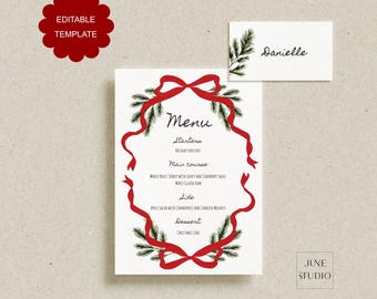 Editable Christmas Menu & Place Cards Set: Red Bow, Pine Branch Table Setting Card, Tent Flat Card (Digital Template, Printable)