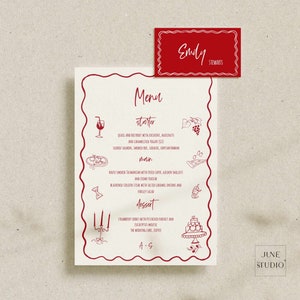 Hochzeitsmenü + Tischkarten-Set-Vorlage, Artsy-Handzeichnung, Italienisches Themen-Set, Das ist Amore-Menü + Name Card Set Food Sketch Illustrierte Mahlzeit Wahl