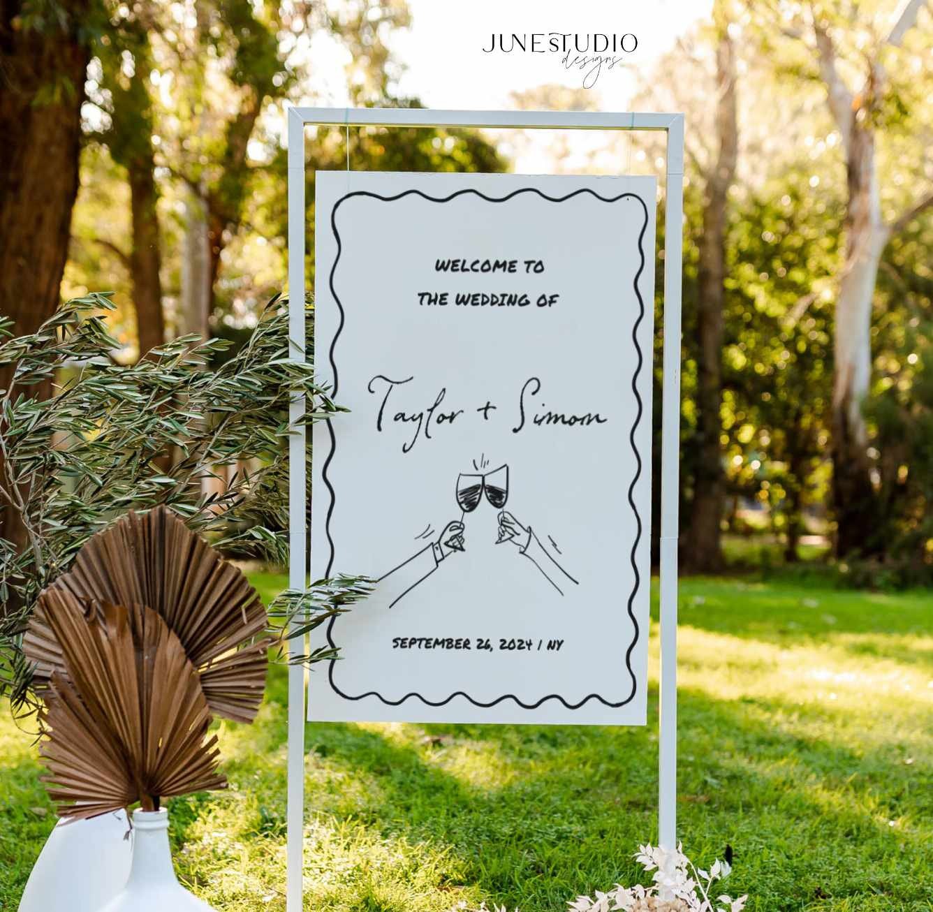 Cool Welcomesign Unique Wedding Welcome Sign Template: Illustrated Wavy Border (digital ...