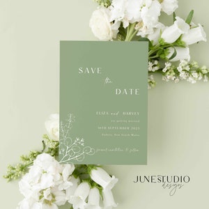 Modèle de carte d'invitation « Retenez cette date » vert sauge, réservez une date modifiable moderne, faites une demande par téléphone sur invitation botanique, retenez notre date à faire soi-même Evite