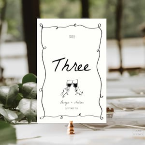 Hand gezeichnete Hochzeit Tischnummer Vorlage Hand geschrieben Vintage wunderliche Illustration Toast Probe Abendessen Tischbild Dekor Benutzerdefinierte bearbeitbar