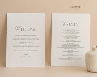 Nota para la bolsa de bienvenida de boda en color verde salvia: Tarjeta de itinerario minimalista (plantilla digital Corjl) BLAIRE