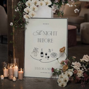 Illustrazione disegnata a mano del cartello di benvenuto per la cena di prova del matrimonio Modello di segnaletica della sera prima Modificabile Una notte via Vecchi soldi Retro anni '90