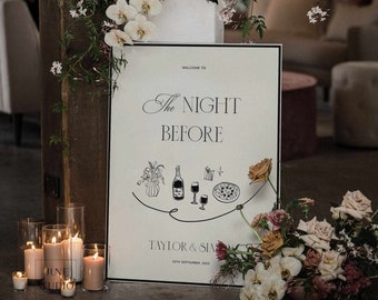 Hand Drawn Wedding Rehearsal Dinner Welcome Sign Illustration The Night Before Signage Template Editable One Night Away Old Money Retro 90's