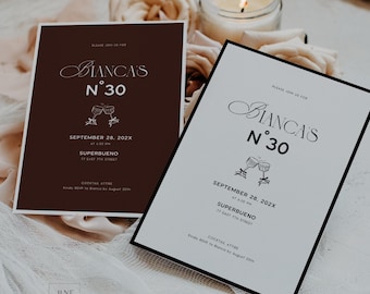 Invitación de cumpleaños para una familia adinerada: Invitación elegante y sofisticada en blanco y negro color moca (plantilla digital editable)