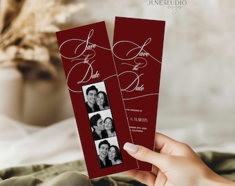 Hochzeits-Save-the-Date-Vorlage mit burgunderrotem Fotostreifen: Lesezeichen für Hochzeitsankündigung im Foto-Booth-Stil, 2,5 x 7 Zoll (Digitaler Download, bearbeitbar)