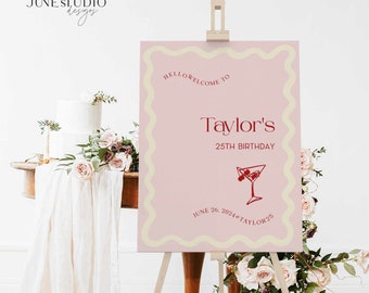 Wavy Birthday Welcome Sign Template  Hand drawn Pink Red Whimsical Modern Adult birthday welcome sign Scallop Border 20, 21, 25, 30 birthday