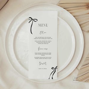 Zwarte strik menusjabloon bewerkbare bruiloft menukaart douche modern minimalistisch elegante zwarte strik menu afdrukbaar etentje stijlvol ontwerp BB0