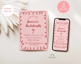 Squiggly Bachelorette Invitation: Wavy Pink Hens Party Invite Pink Red Handwritten Bridal Shower (Digital Template, Editable)