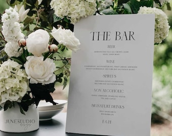 Minimalist Wedding Bar Menu Sign Template Editable Beer Wine Drinks List Signage Modern The Bar Signage Drinks Engagement Menu Sign KARLA