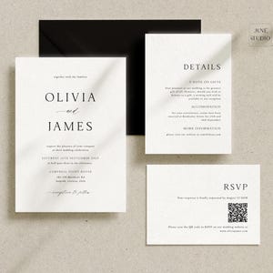 Plantilla de invitación de boda minimalista, moderna, minimalista, con código QR, RSVP, editable, clásica, tipografía serif simple, conjunto de invitación imprimible