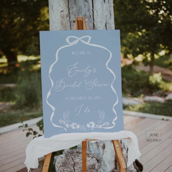 Bridal Shower Welcome Sign Bow Dusty Blue Template Whimsical Hand drawn Something Blue Bridal Shower Hens Party decor Bachelorette Party