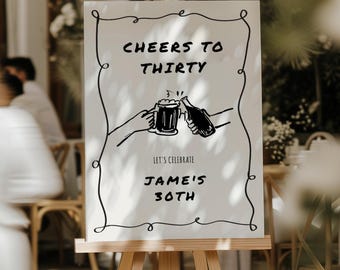 Cheers & Beers Birthday Welcome Sign: Handwritten Funky Illustrated 30th,40th,45th,50th (Digital Template, Editable)