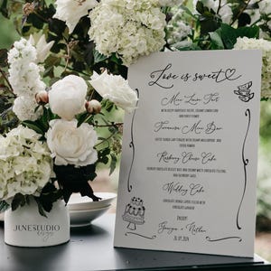 Hochzeit Dessert Tisch Schild Vorlage Dessert Menü Süß und Lecker Dessert Tisch Handgezeichnet Gekritzel Illustration Kuchen Tischschild