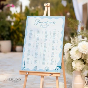 Plantilla de plano de asientos para boda en el océano: Diseño de concha marina dibujado a mano (Descarga digital, tamaño A1/24 x 36 pulgadas)