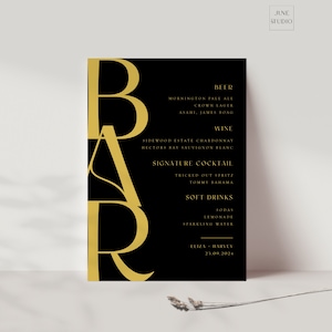 Black and Gold Wedding Bar Sign Template Editable Open Bar Sign Wedding Cocktails Template DIY Drinks Menu Sign Unique Custom Bar Menu EL01