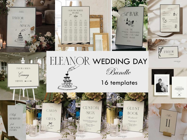 Puede incluir: Un conjunto de 16 plantillas de boda imprimibles en un estilo minimalista con texto en blanco y negro sobre un fondo crema. Las plantillas incluyen un plano de asientos, un cartel de ceremonia, un men&uacute; de bar, un cartel de libro de visitas, un cartel de tarjetas y regalos, un cartel personalizado, un cartel de n&uacute;mero de mesa y un cartel reservado para la familia del novio. El texto en las plantillas incluye las palabras "Eleanor Wedding Day Bundle", "Nuestra Gente Favorita", "Taylor & Simon", "Ceremonia", "El Bar", "Tarjetas y Regalos", "Se&ntilde;al Personalizada", "Libro de Visitas", "N&uacute;mero de Mesa 11" y "Reservado para la Familia del Novio".