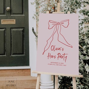 Bow Hens Party Welcome Sign Template Hand-drawn Illustration Bachelorette Party Signage Pink Red Hen Do Poster Printable Bow Coquette Artsy