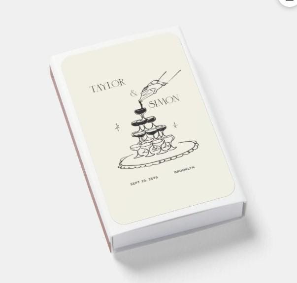 Champagne Tower Old Money Match box Label Template Modern Vintage Illustration Editable Personalized Gift For Guests Engagement Favour