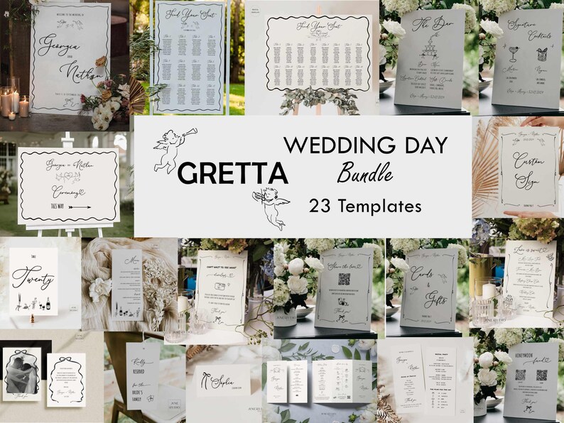 Hand-written Wedding Menu & Place Card Set, Vintage French Inspired Illustrated Table Seating ( Digital Template, Customizable) GRETTA image 11